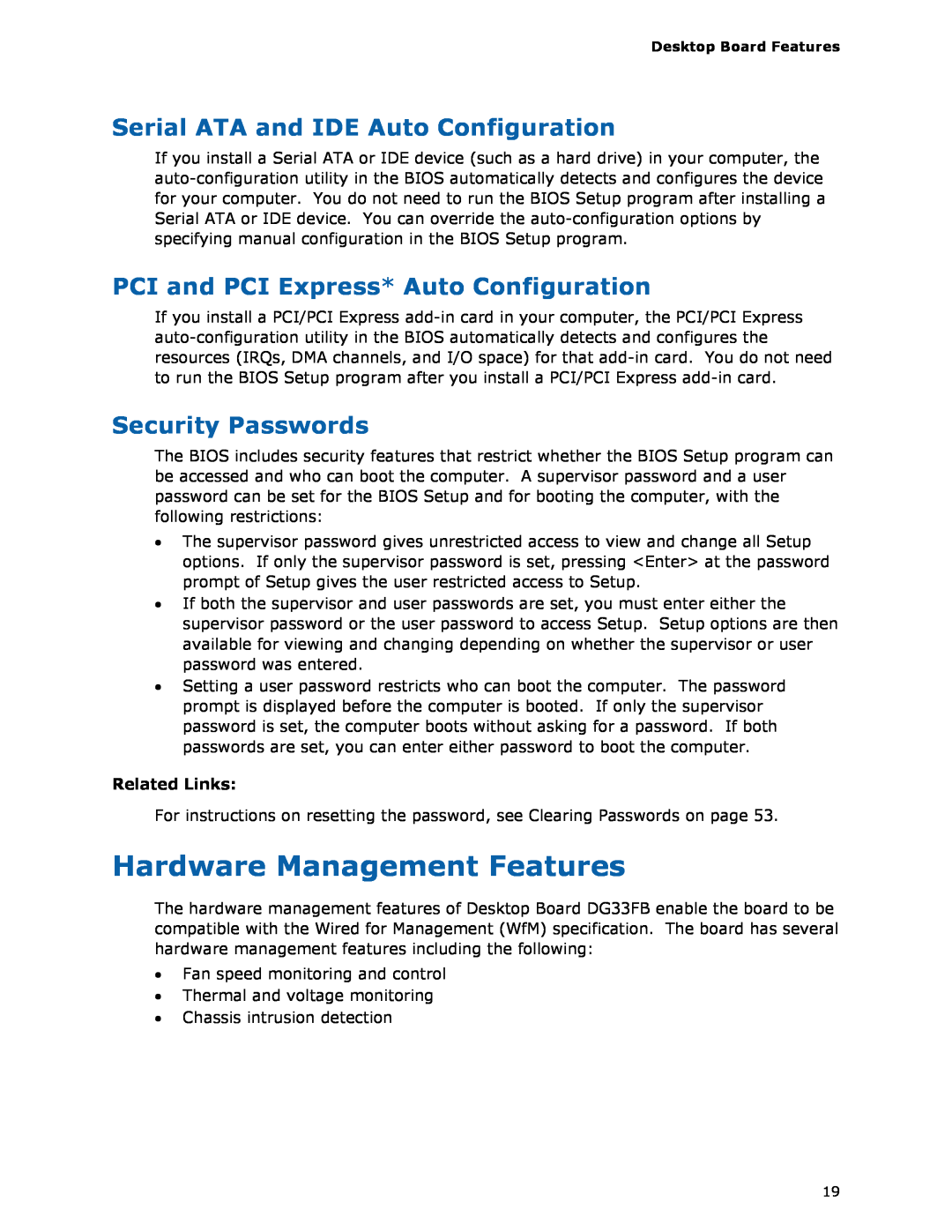 Intel DG33FB Hardware Management Features, Serial ATA and IDE Auto Configuration, PCI and PCI Express* Auto Configuration 