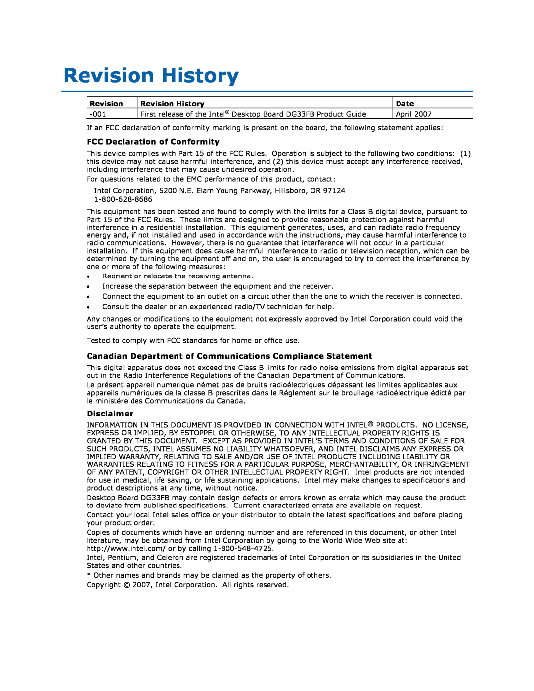 Intel DG33FB manual Revision History, FCC Declaration of Conformity, Disclaimer, Date 