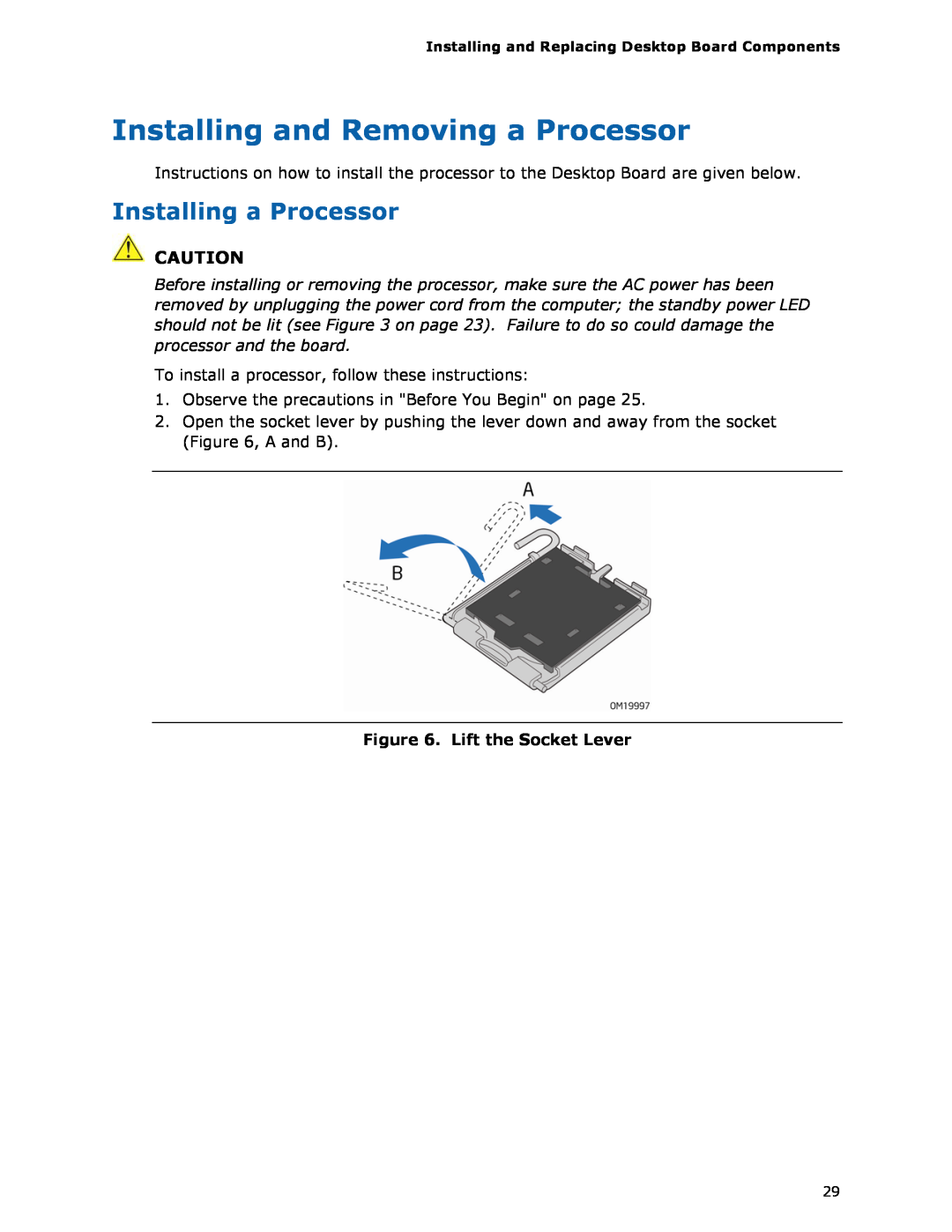 Intel DG33FB manual Installing and Removing a Processor, Installing a Processor, Lift the Socket Lever 