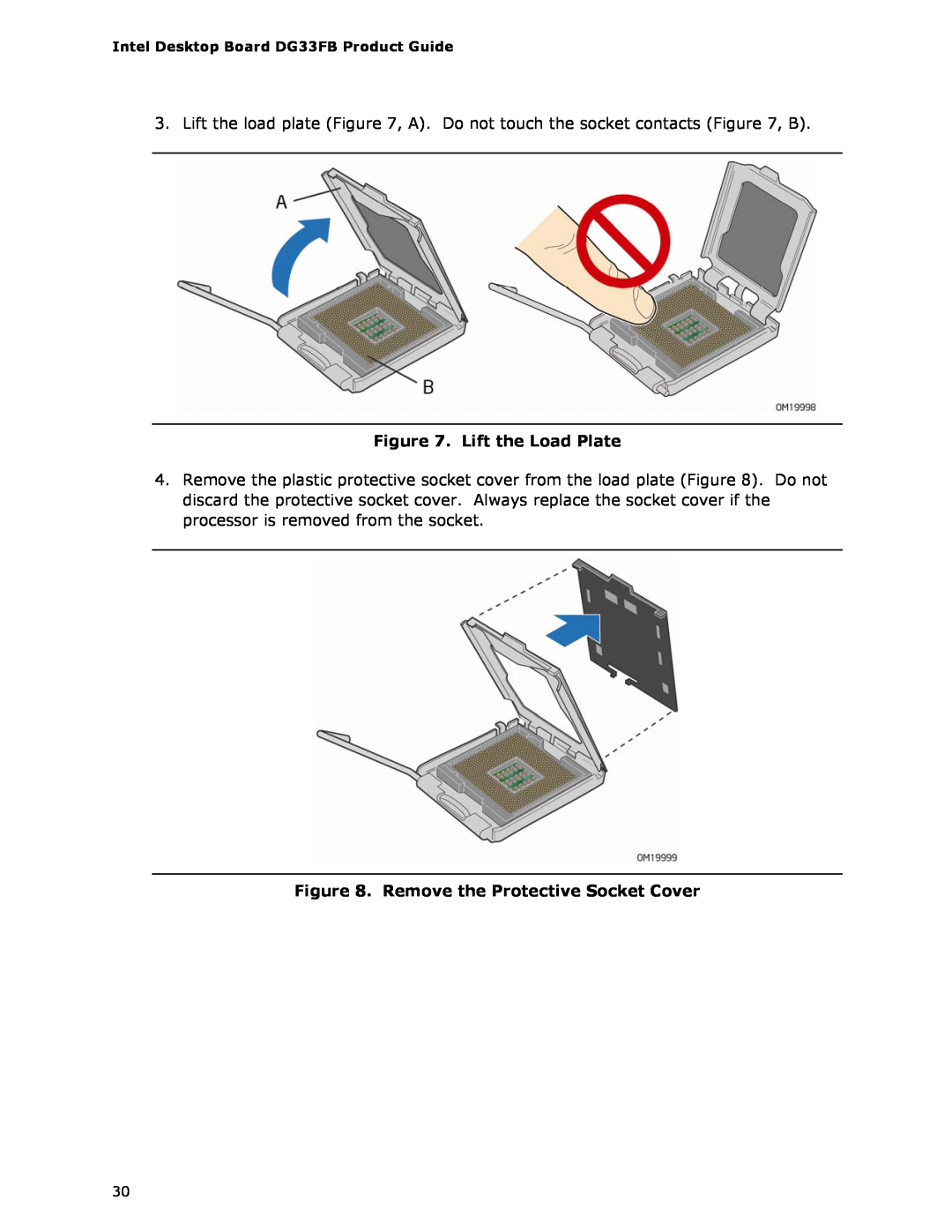 Intel DG33FB manual Lift the Load Plate, Remove the Protective Socket Cover 