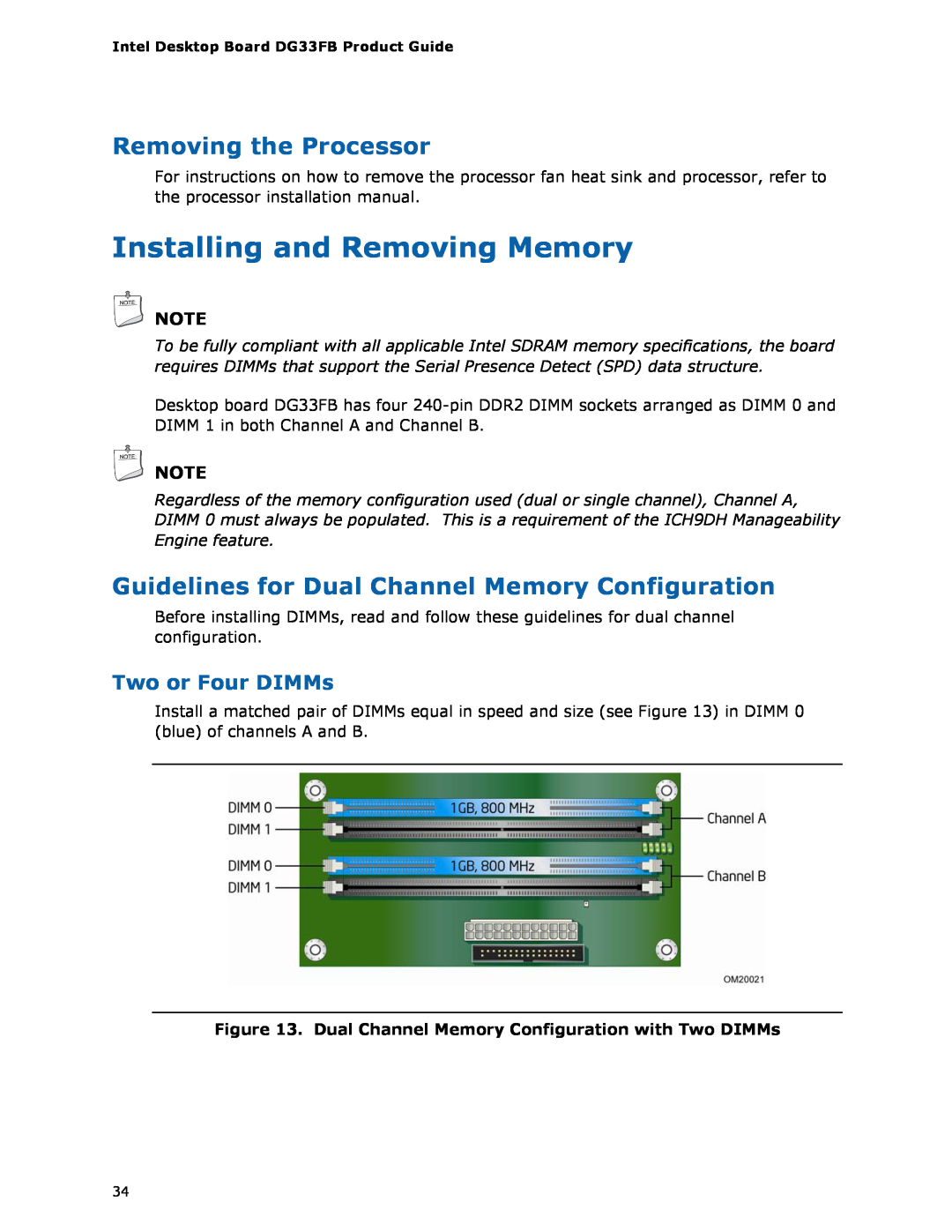 Intel DG33FB Installing and Removing Memory, Removing the Processor, Guidelines for Dual Channel Memory Configuration 