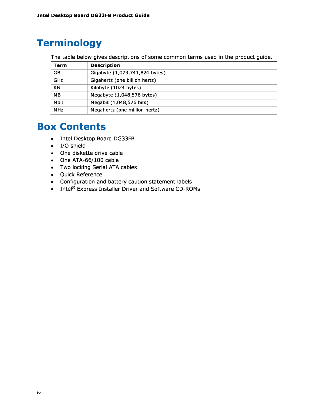 Intel DG33FB manual Terminology, Box Contents 