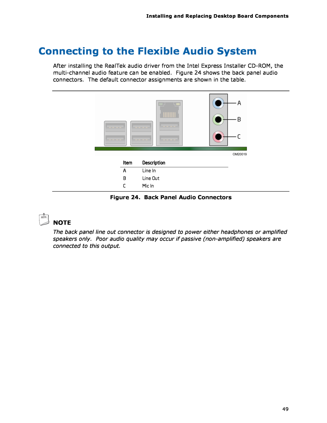 Intel DG33FB manual Connecting to the Flexible Audio System, Back Panel Audio Connectors 