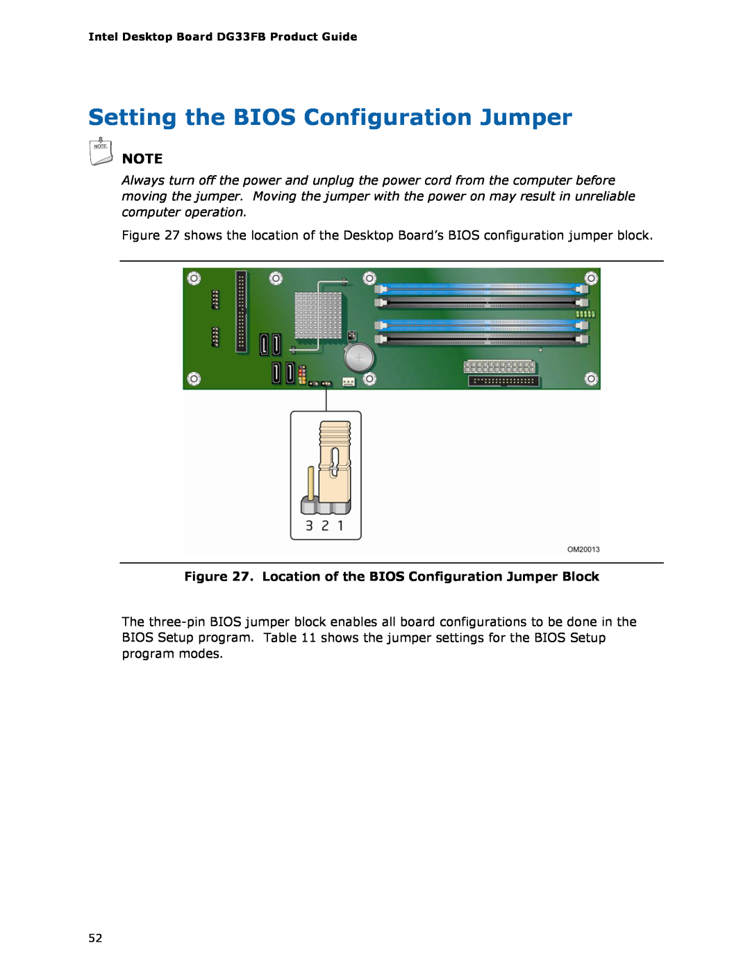 Intel DG33FB manual Setting the BIOS Configuration Jumper 