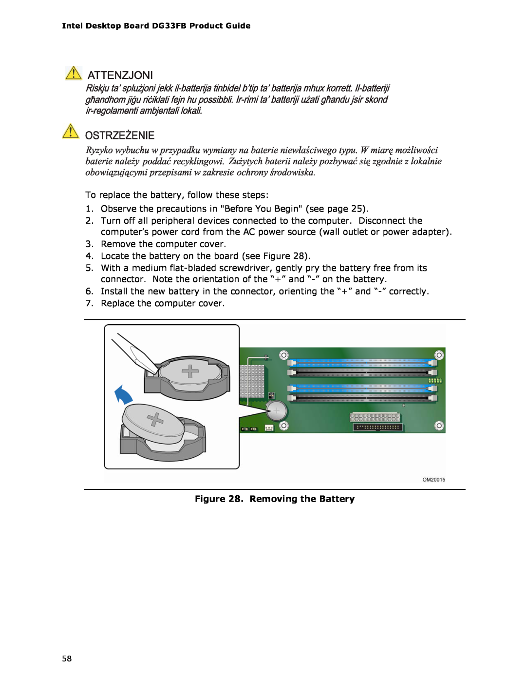 Intel DG33FB manual Removing the Battery 