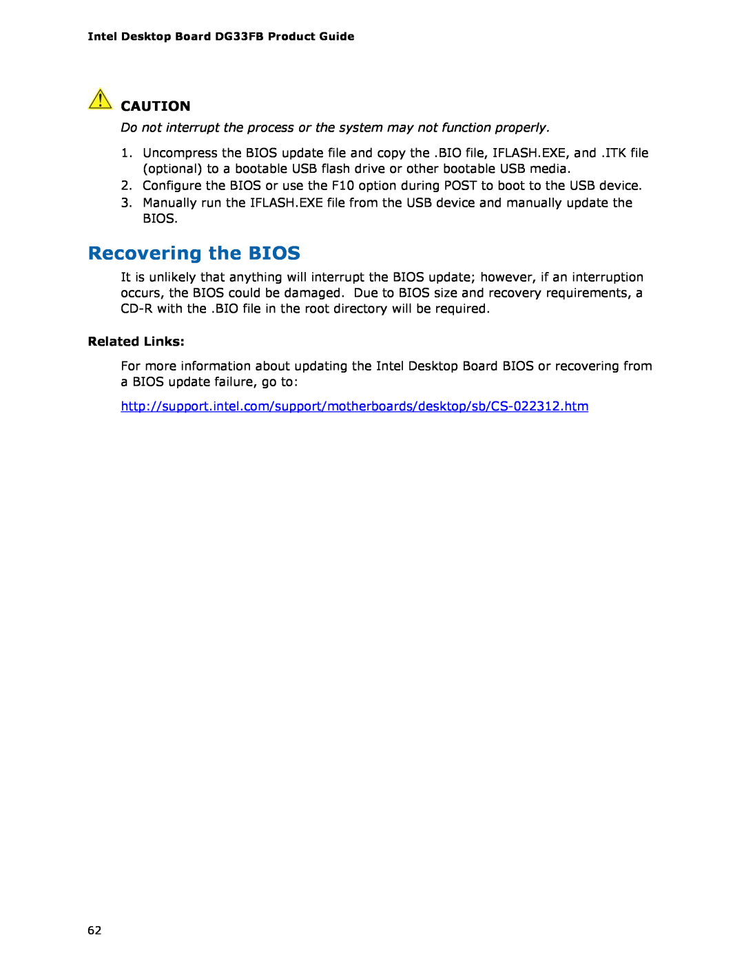 Intel DG33FB manual Recovering the BIOS, Related Links 