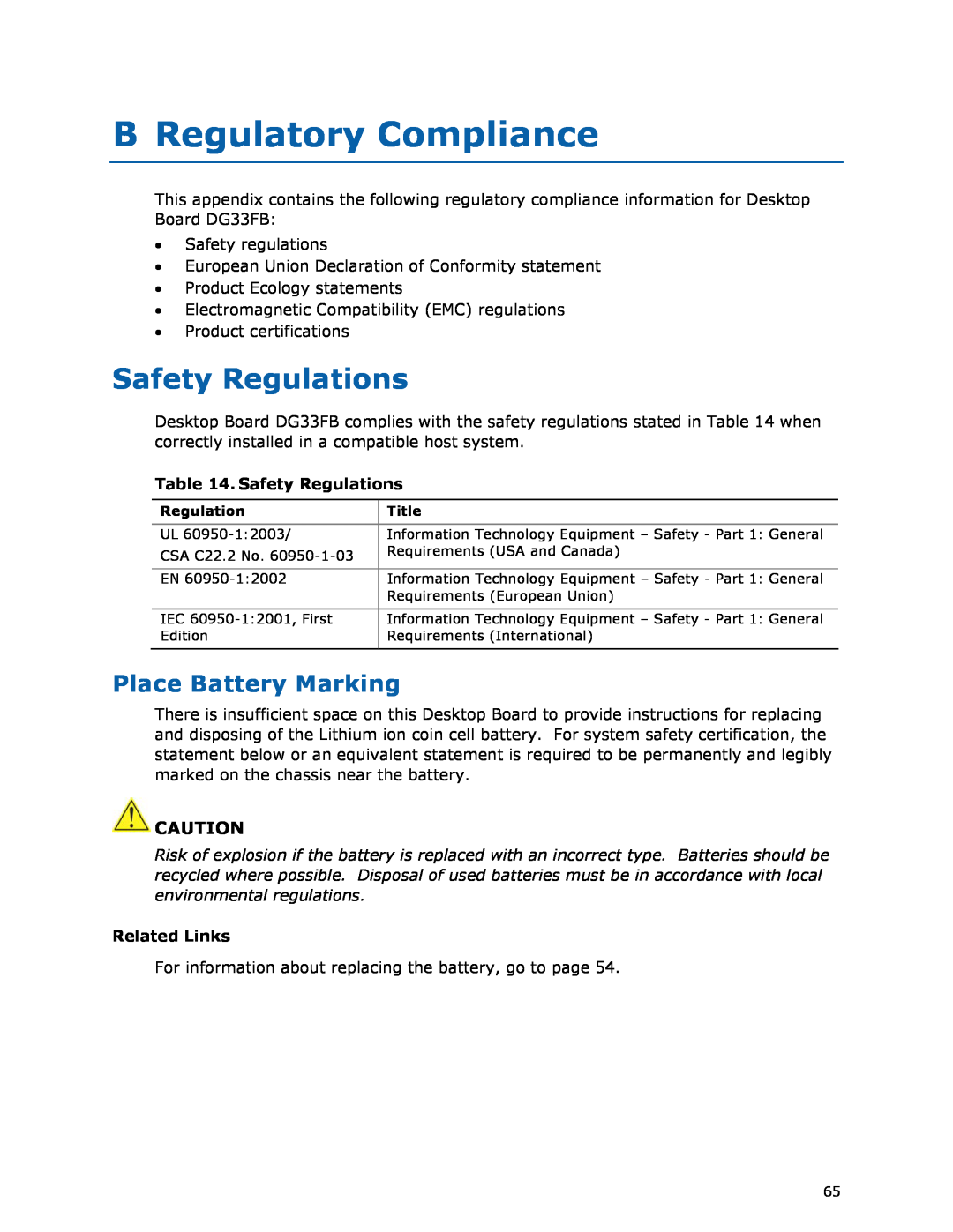 Intel DG33FB manual B Regulatory Compliance, Safety Regulations, Place Battery Marking, Related Links 