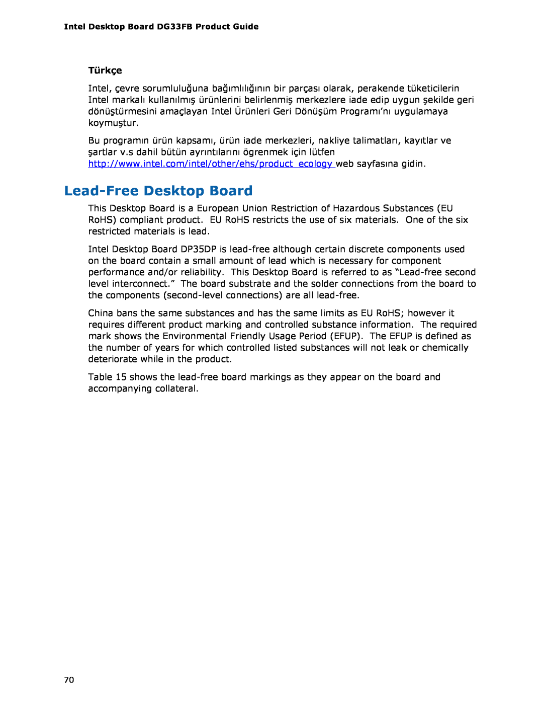 Intel DG33FB manual Lead-FreeDesktop Board, Türkçe 
