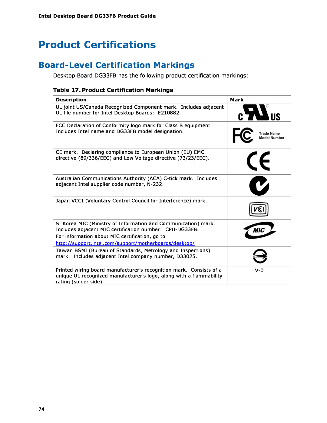 Intel DG33FB manual Product Certifications, Board-LevelCertification Markings, Product Certification Markings 