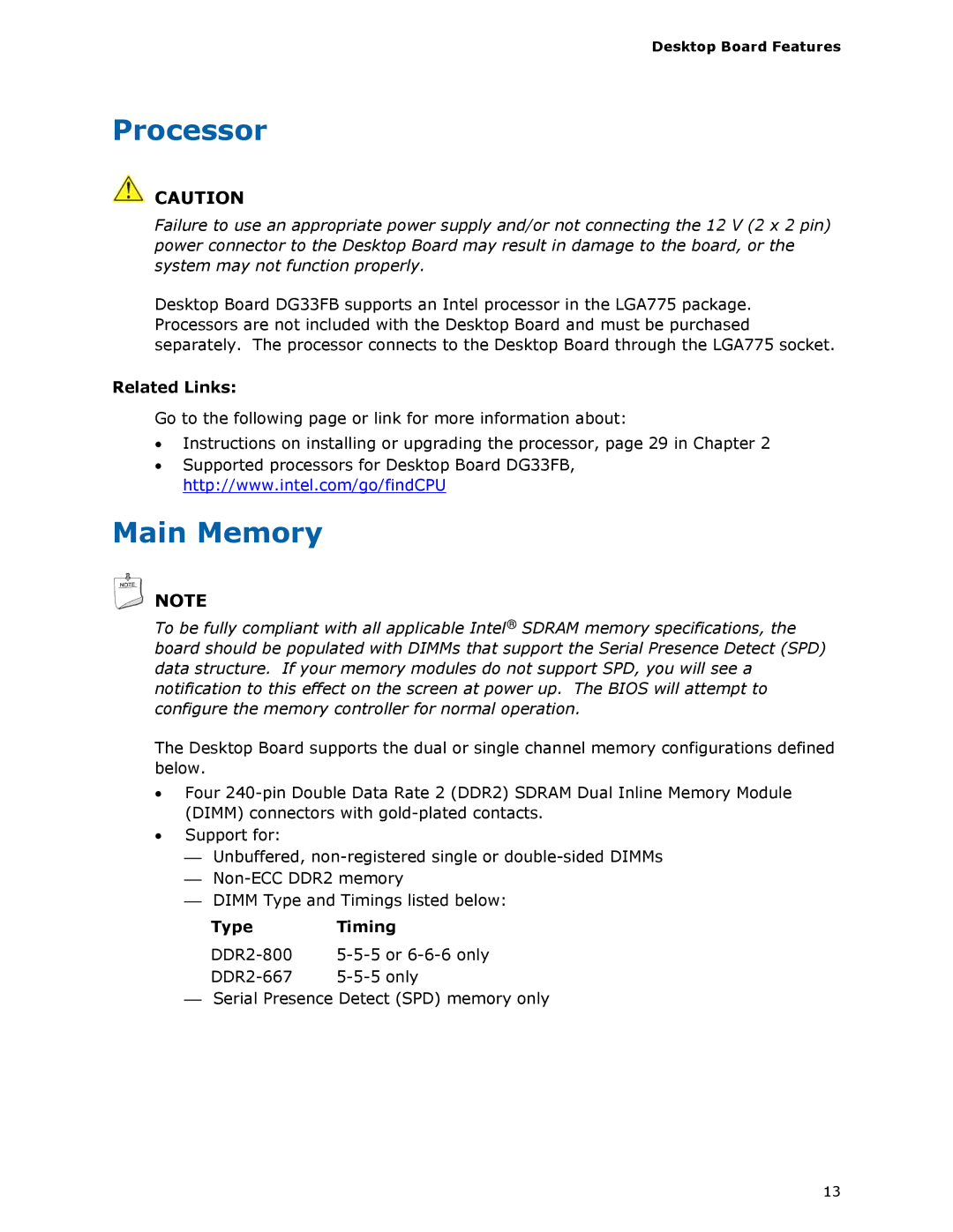 Intel DG33FB manual Processor, Main Memory, Type Timing 