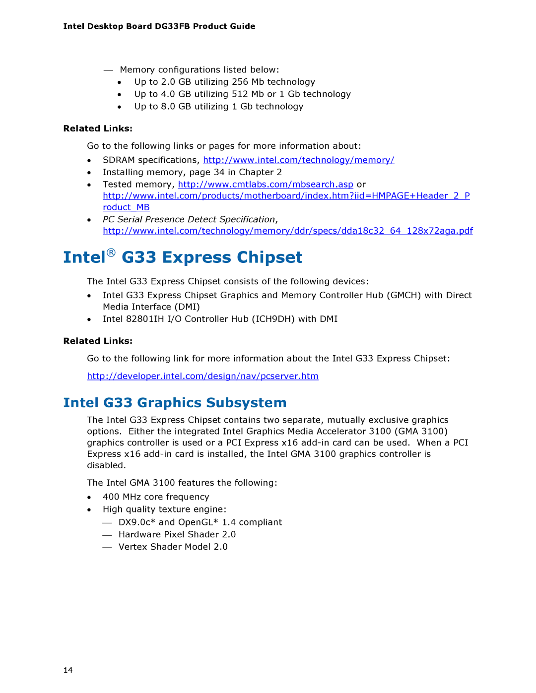 Intel DG33FB manual Intel G33 Express Chipset, Intel G33 Graphics Subsystem 