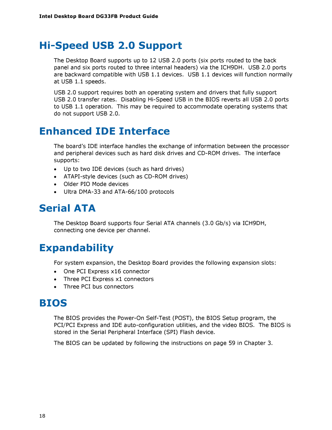 Intel DG33FB manual Hi-Speed USB 2.0 Support, Enhanced IDE Interface, Serial ATA, Expandability 