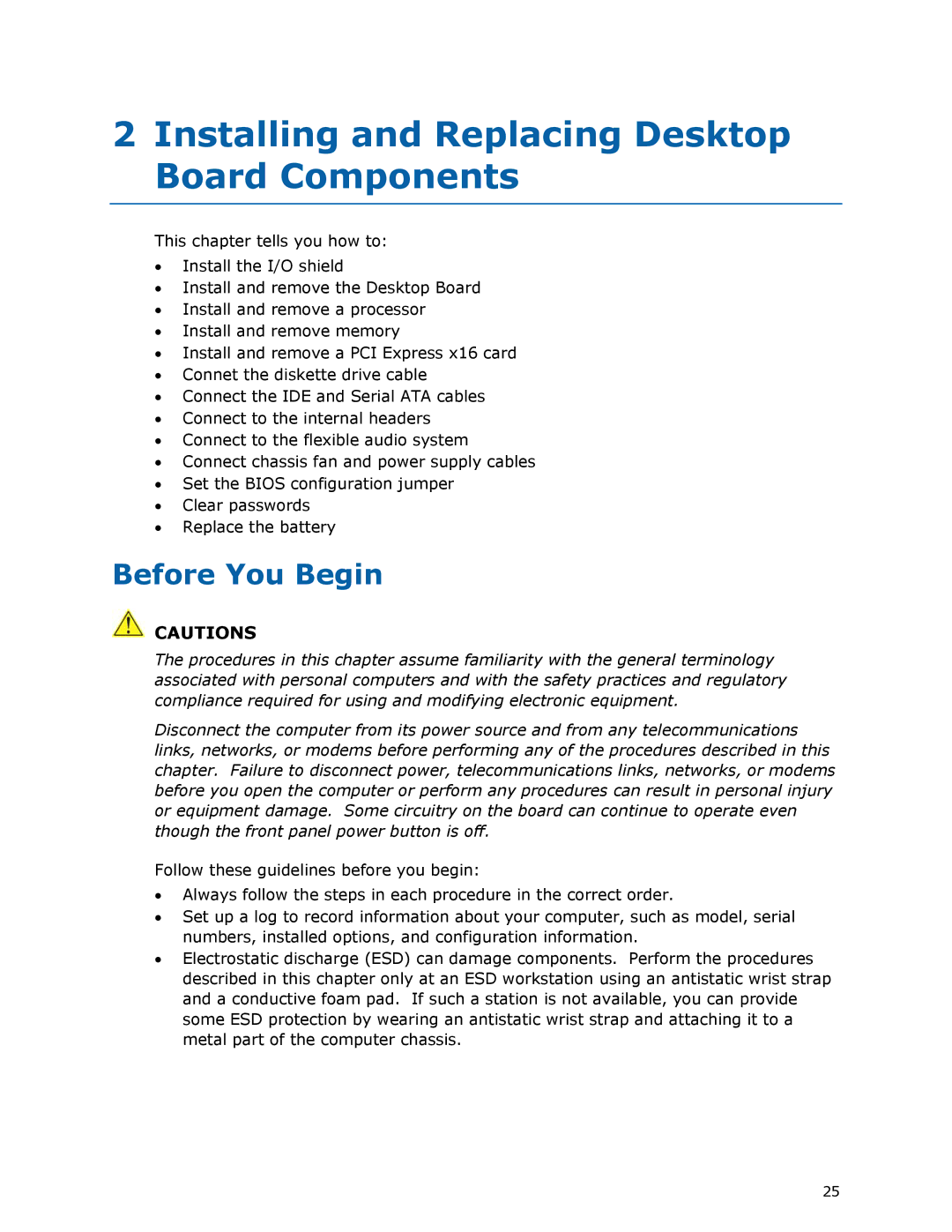 Intel DG33FB manual Installing and Replacing Desktop Board Components, Before You Begin 