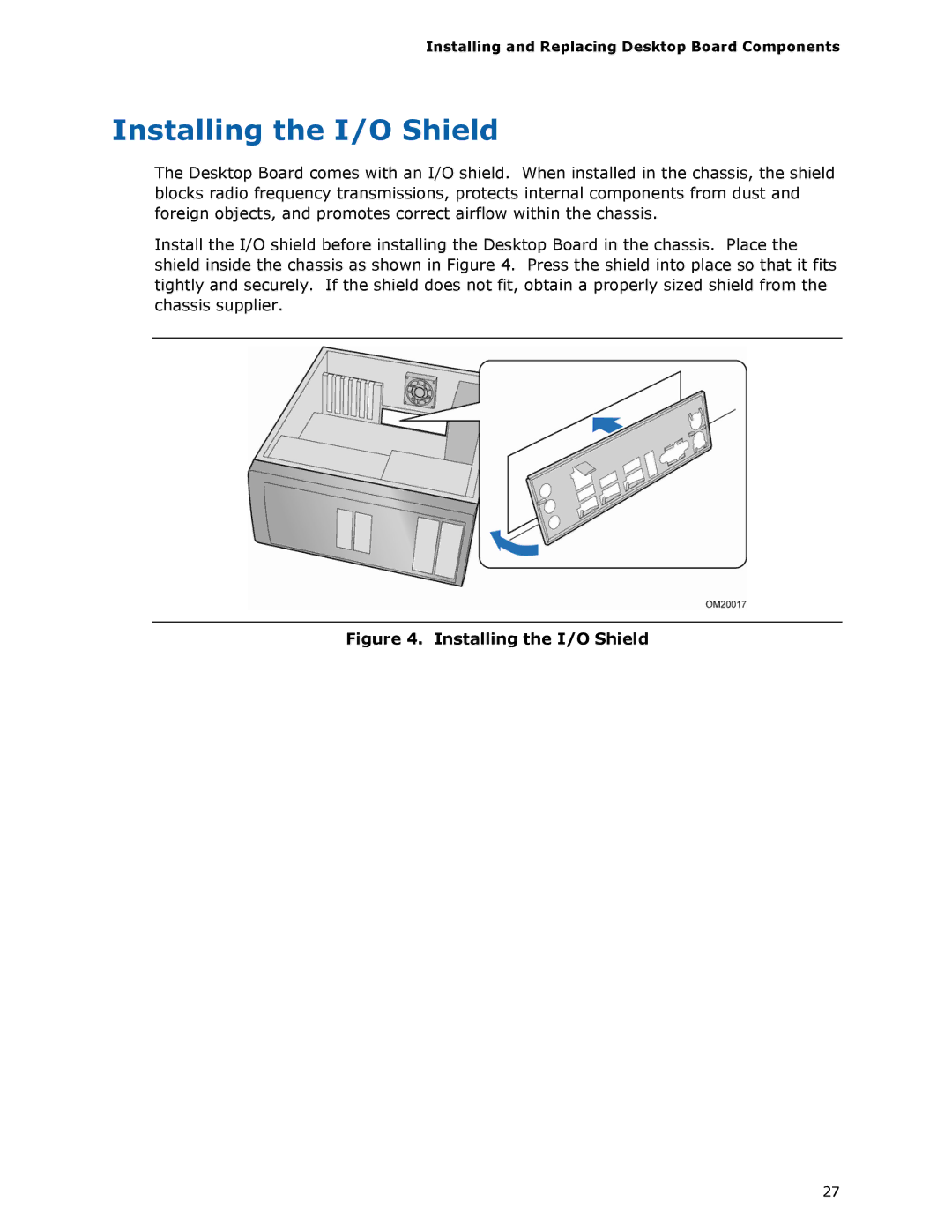 Intel DG33FB manual Installing the I/O Shield, Installing and Replacing Desktop Board Components 