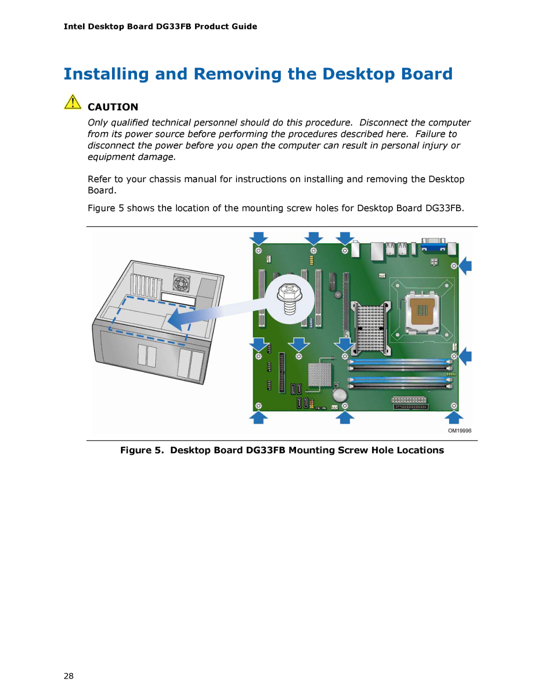 Intel manual Installing and Removing the Desktop Board, Desktop Board DG33FB Mounting Screw Hole Locations 