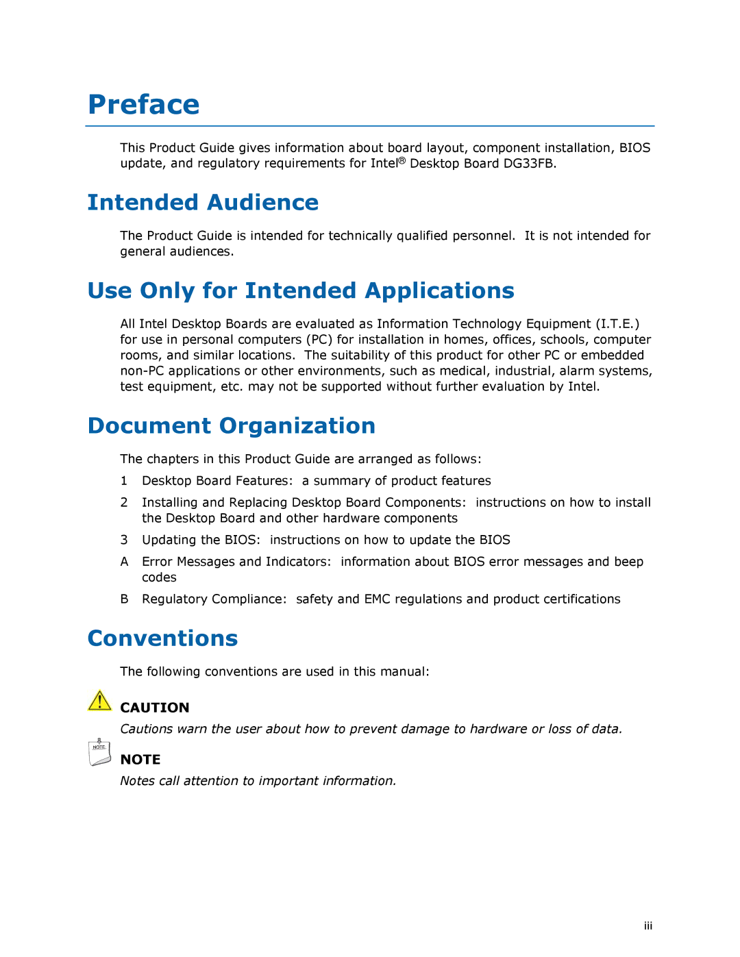 Intel DG33FB manual Preface, Intended Audience, Use Only for Intended Applications, Document Organization, Conventions 