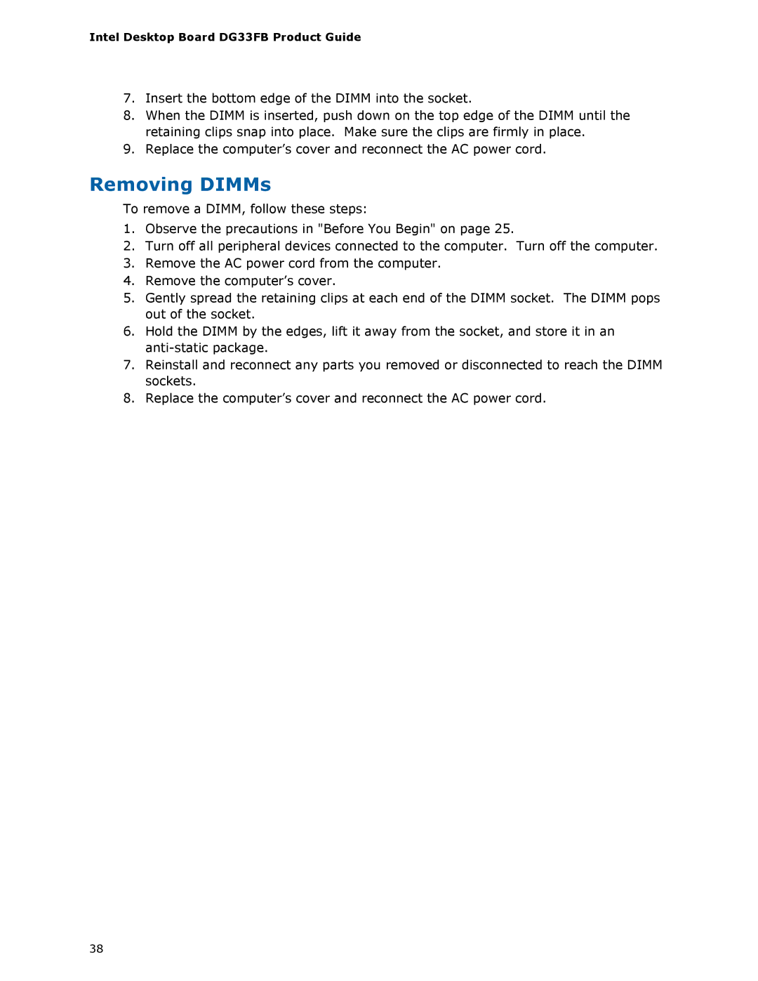 Intel DG33FB manual Removing DIMMs 