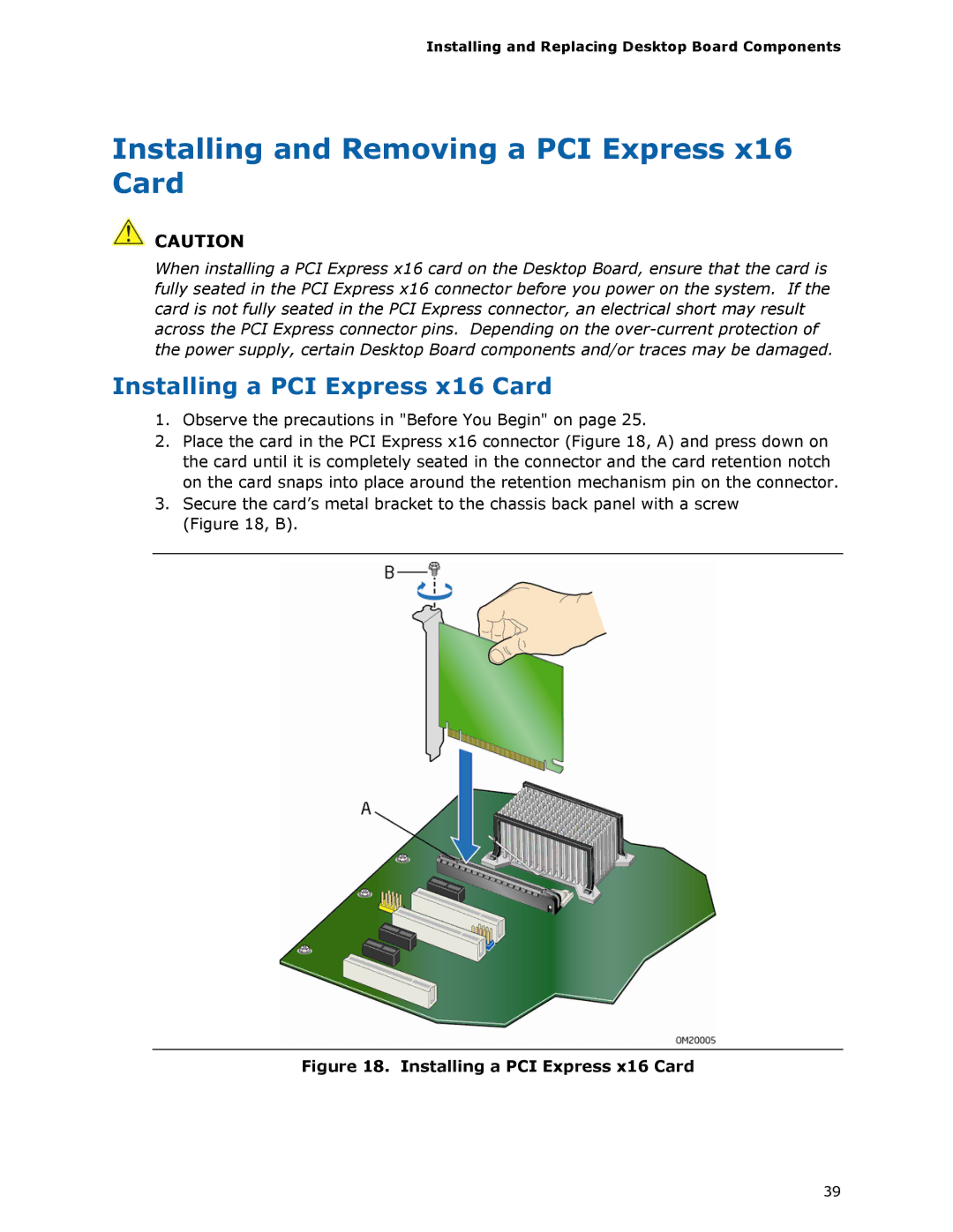 Intel DG33FB manual Installing and Removing a PCI Express x16 Card, Installing a PCI Express x16 Card 