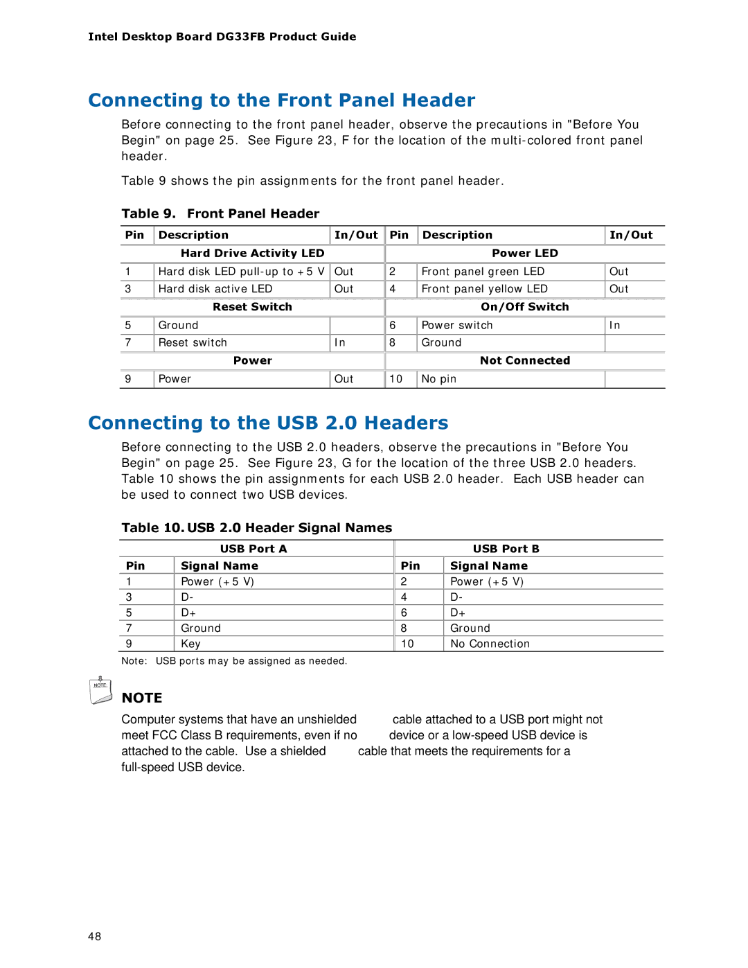 Intel DG33FB manual Connecting to the Front Panel Header, Connecting to the USB 2.0 Headers, USB 2.0 Header Signal Names 