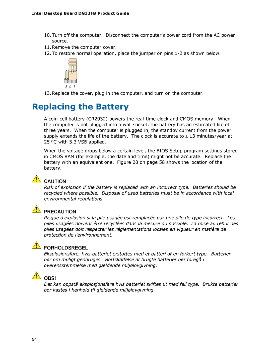 Intel DG33FB manual Replacing the Battery, Precaution 