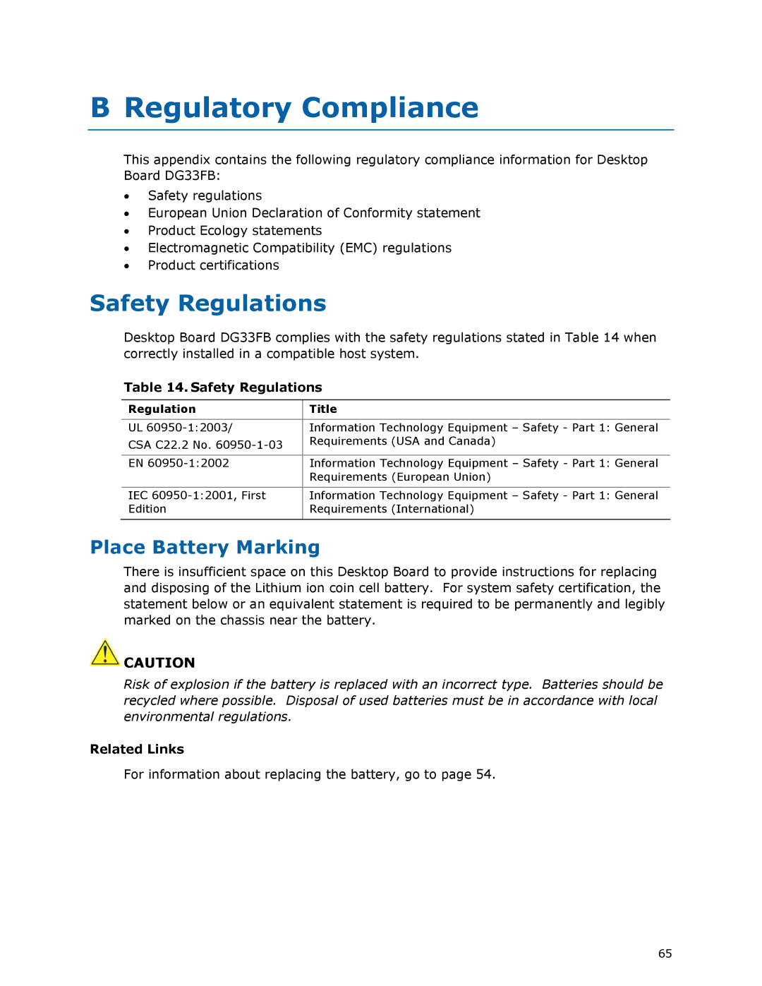 Intel DG33FB manual Regulatory Compliance, Safety Regulations, Place Battery Marking, Regulation Title 