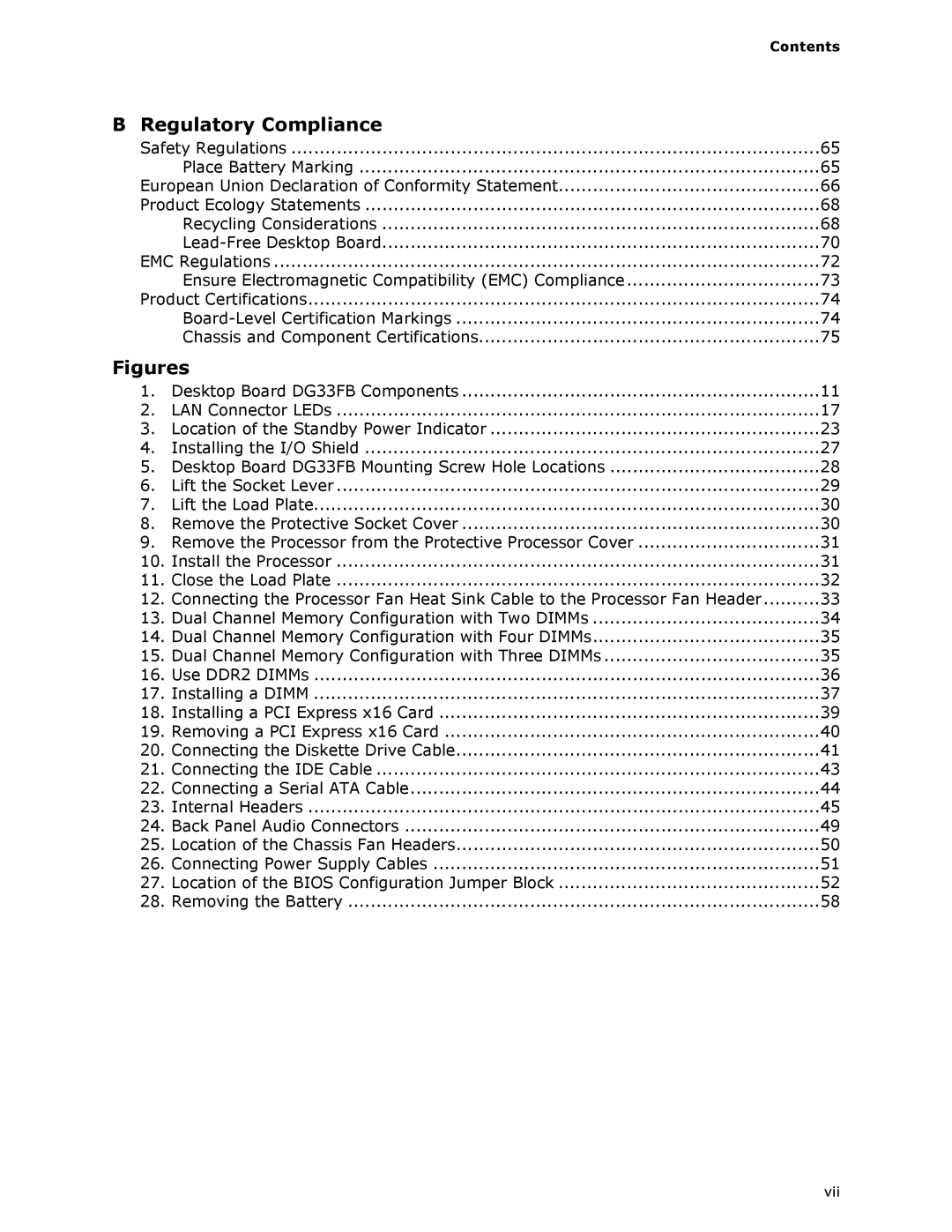 Intel DG33FB manual Regulatory Compliance, Contents 