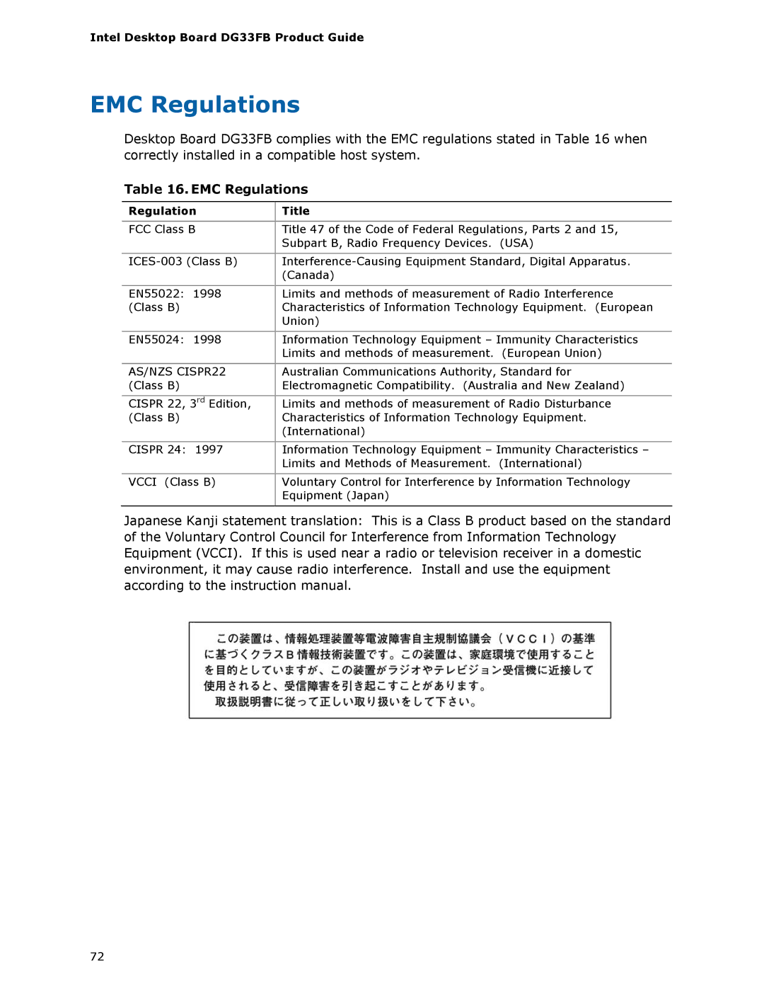 Intel DG33FB manual EMC Regulations 