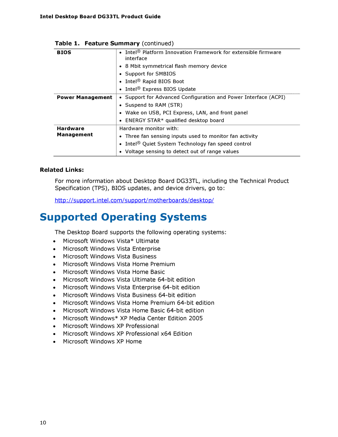 Intel DG33TL manual Supported Operating Systems, Related Links, Power Management, Hardware 