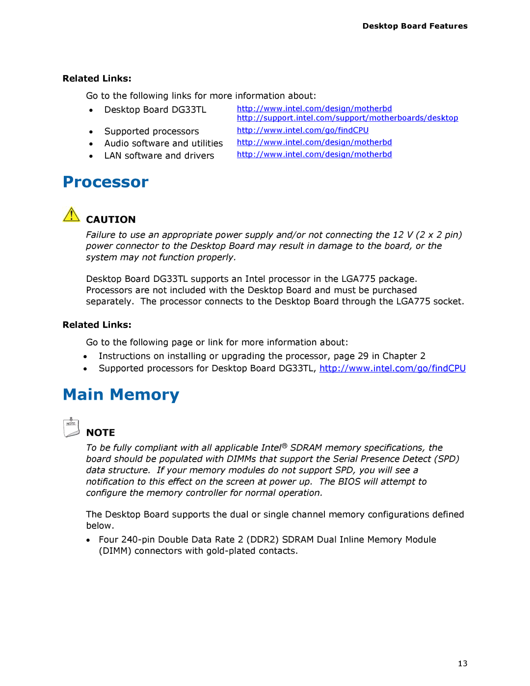 Intel DG33TL manual Processor, Main Memory 