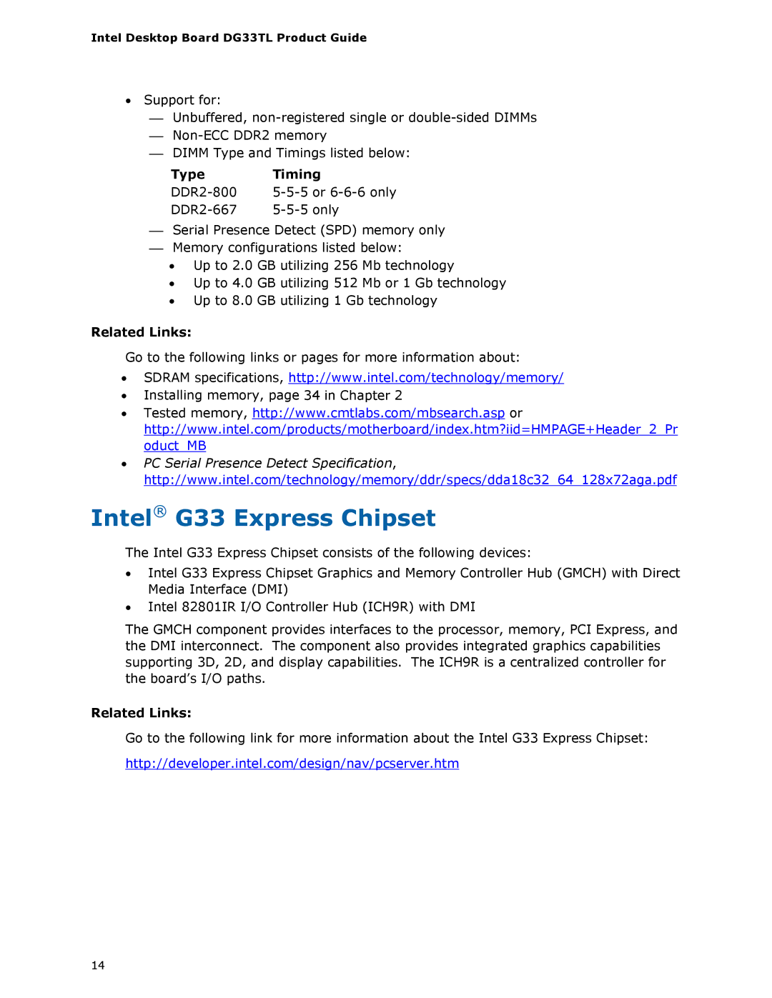 Intel DG33TL manual Intel G33 Express Chipset, Type Timing 