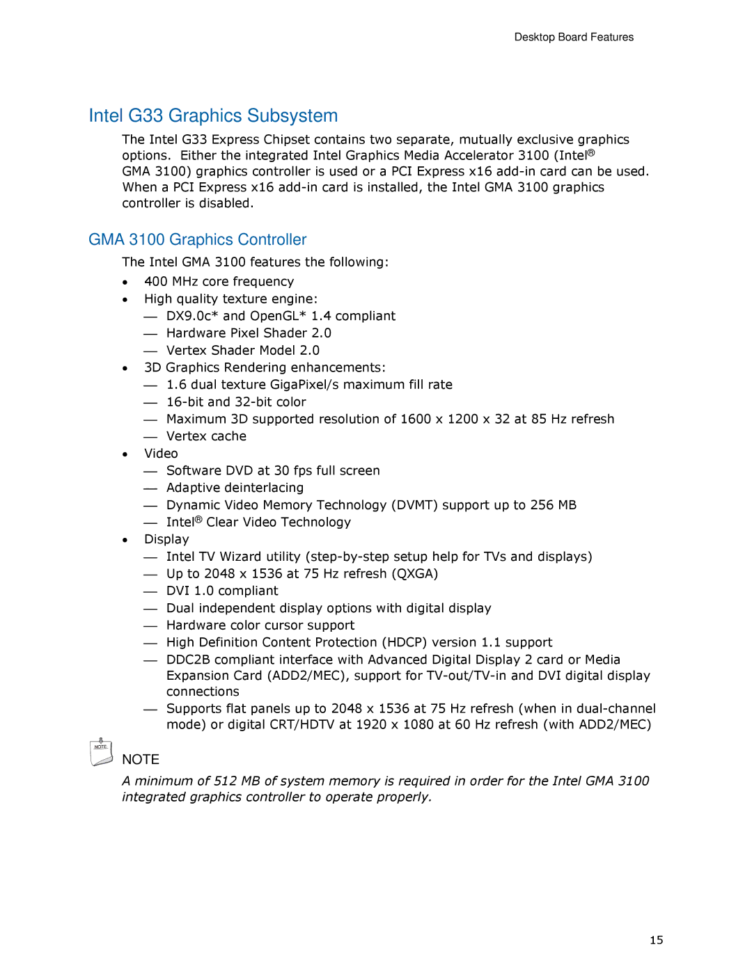 Intel DG33TL manual Intel G33 Graphics Subsystem, GMA 3100 Graphics Controller 