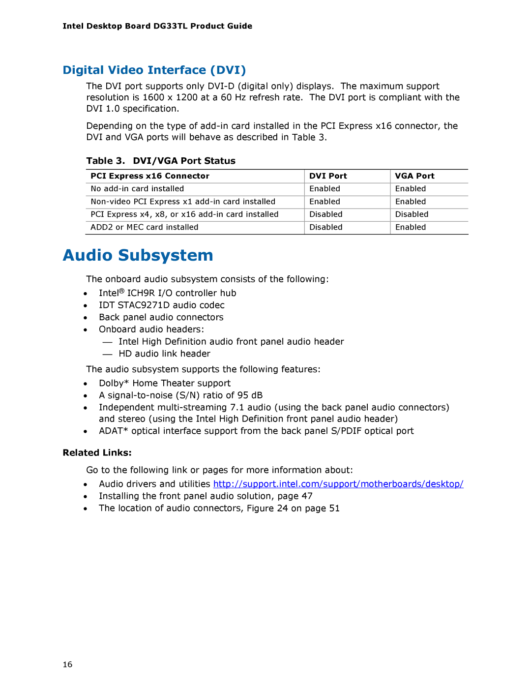 Intel DG33TL manual Audio Subsystem, DVI/VGA Port Status, PCI Express x16 Connector DVI Port VGA Port 