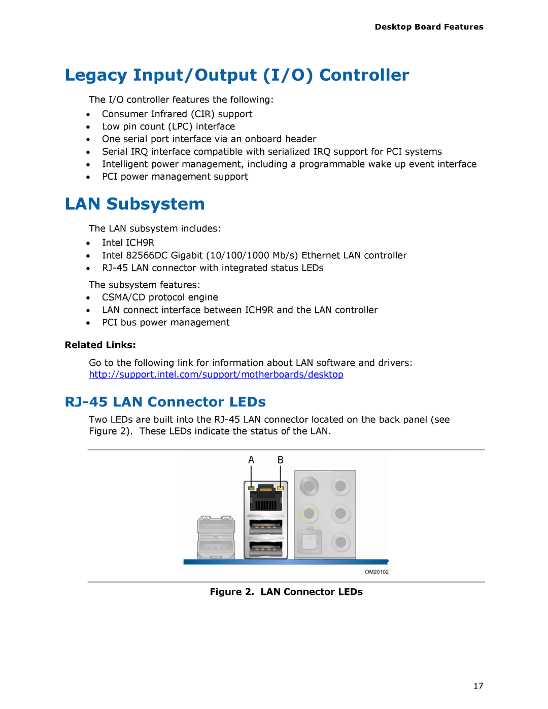 Intel DG33TL manual Legacy Input/Output I/O Controller, LAN Subsystem, RJ-45 LAN Connector LEDs 