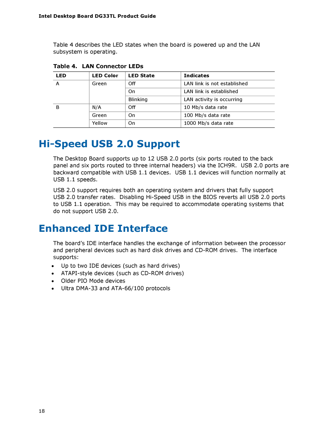 Intel DG33TL manual Hi-Speed USB 2.0 Support, Enhanced IDE Interface, LED Color LED State Indicates 