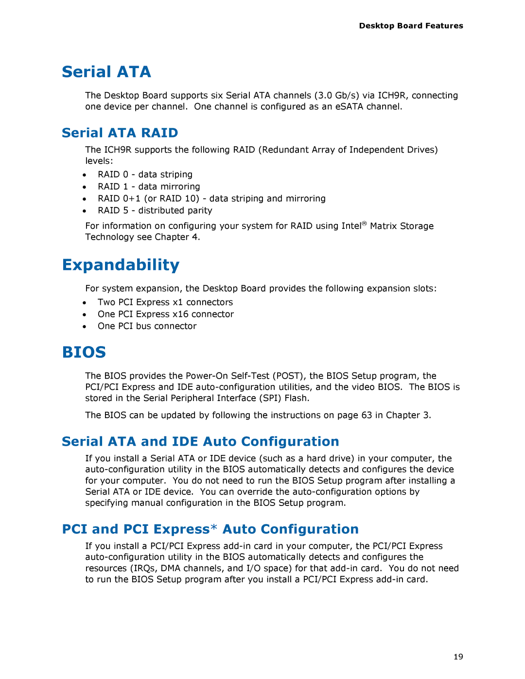 Intel DG33TL manual Expandability, Serial ATA RAID, Serial ATA and IDE Auto Configuration 