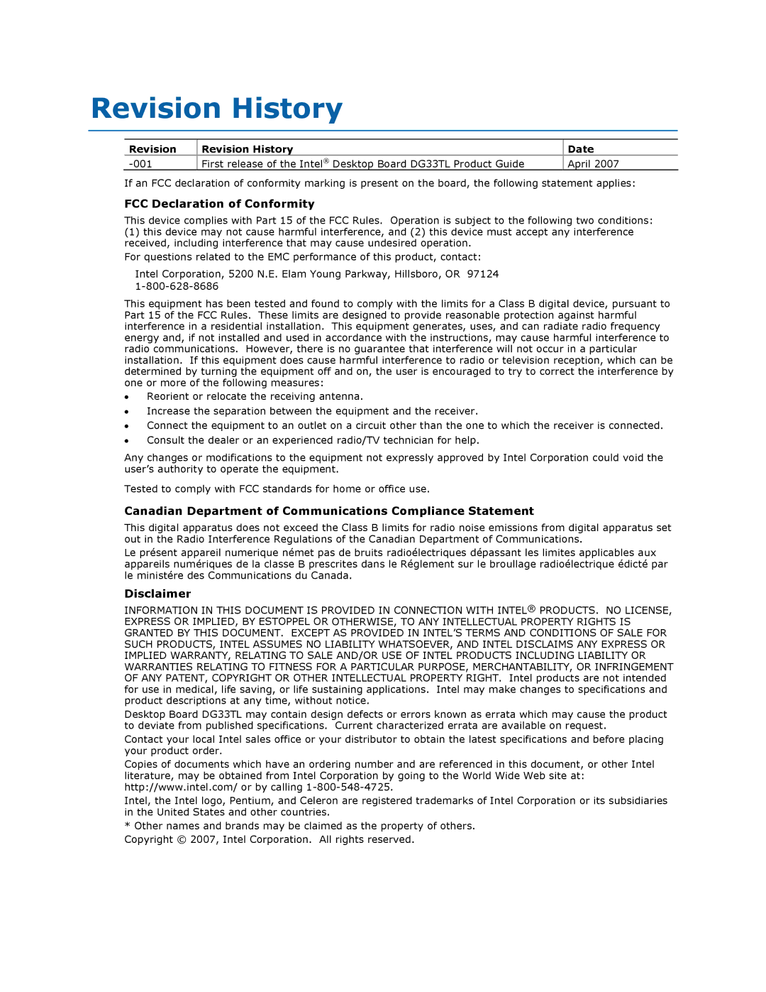 Intel DG33TL Revision History, FCC Declaration of Conformity, Canadian Department of Communications Compliance Statement 