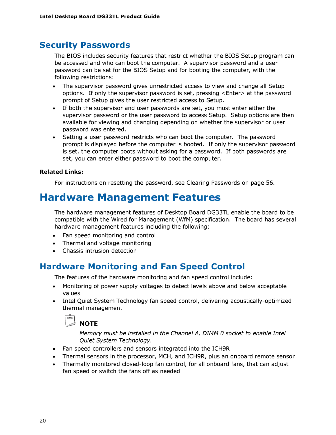 Intel DG33TL manual Hardware Management Features, Security Passwords, Hardware Monitoring and Fan Speed Control 