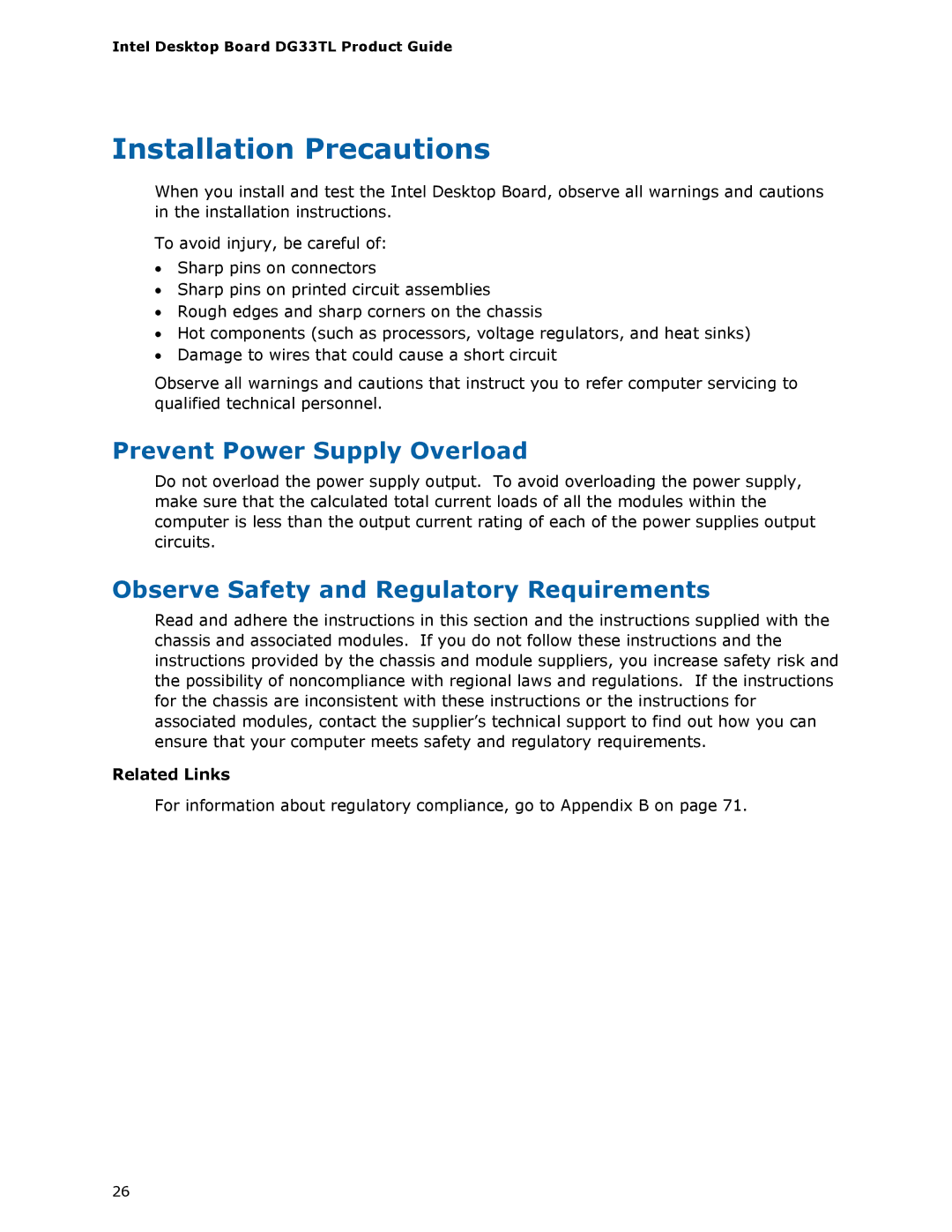 Intel DG33TL manual Installation Precautions, Prevent Power Supply Overload, Observe Safety and Regulatory Requirements 