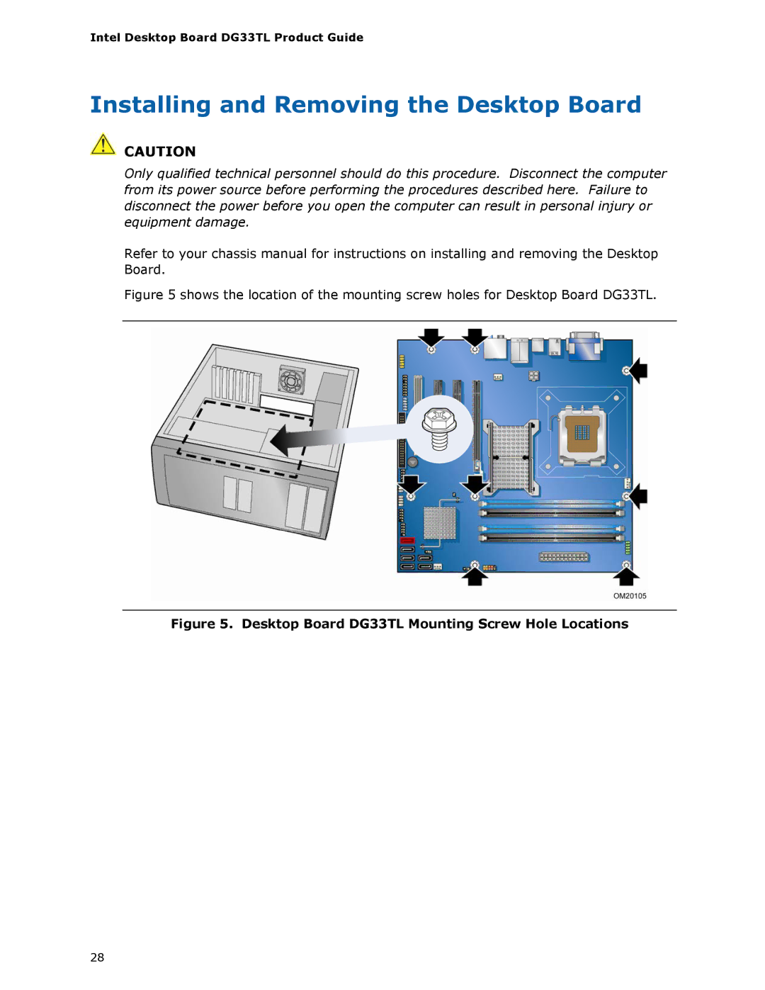 Intel manual Installing and Removing the Desktop Board, Desktop Board DG33TL Mounting Screw Hole Locations 