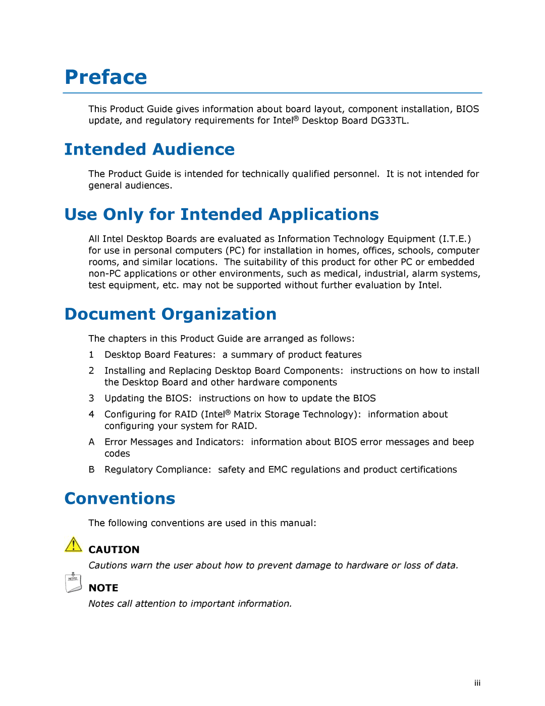 Intel DG33TL manual Preface, Intended Audience, Use Only for Intended Applications, Document Organization, Conventions 