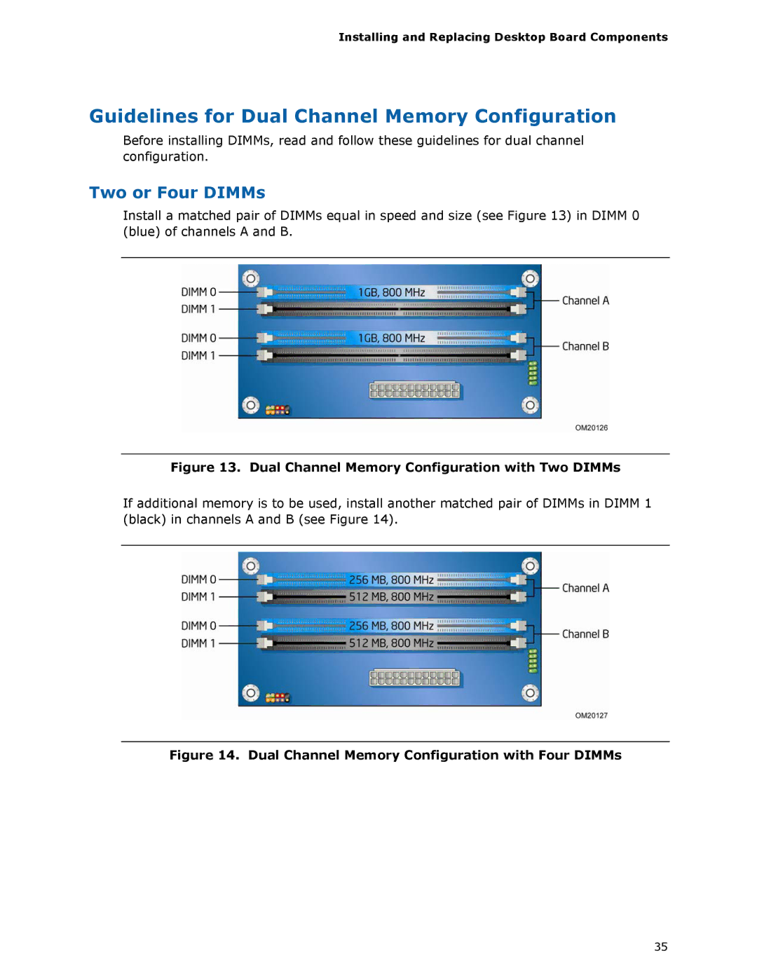 Intel DG33TL manual Guidelines for Dual Channel Memory Configuration, Dual Channel Memory Configuration with Two DIMMs 