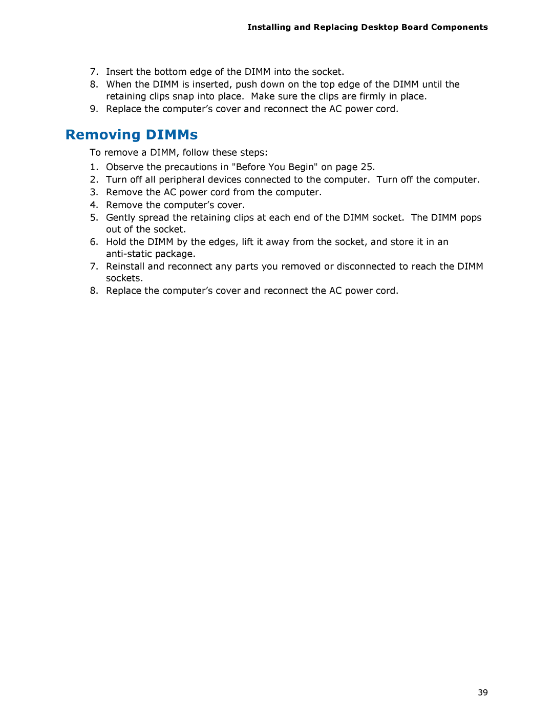 Intel DG33TL manual Removing DIMMs 