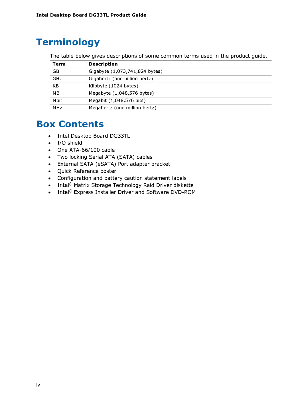 Intel DG33TL manual Terminology, Box Contents 