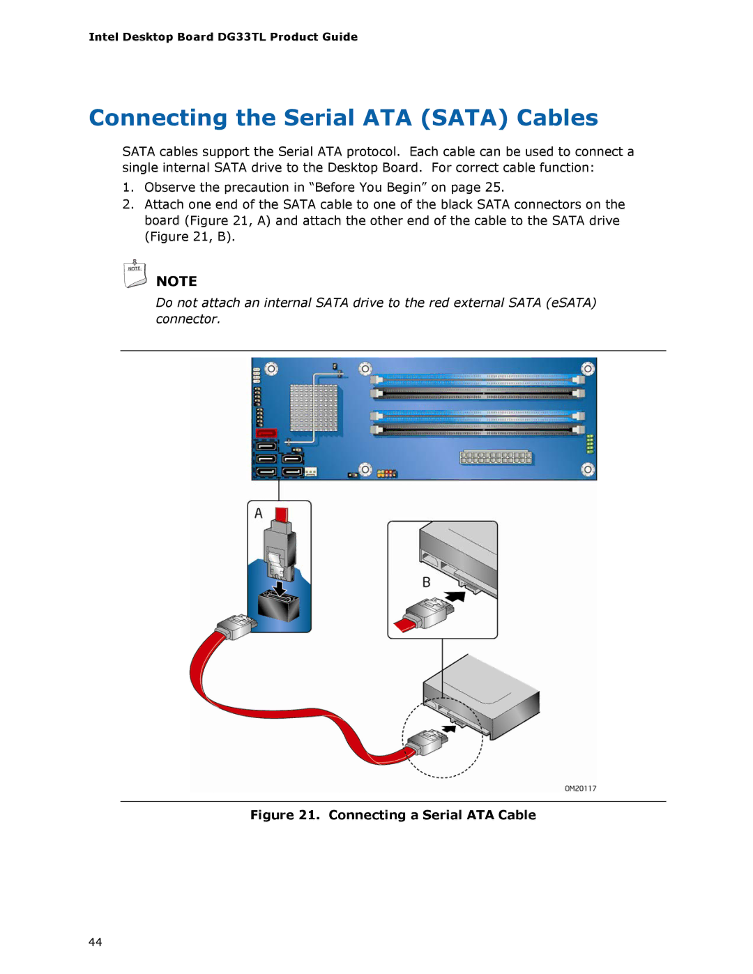 Intel DG33TL manual Connecting the Serial ATA Sata Cables, Connecting a Serial ATA Cable 