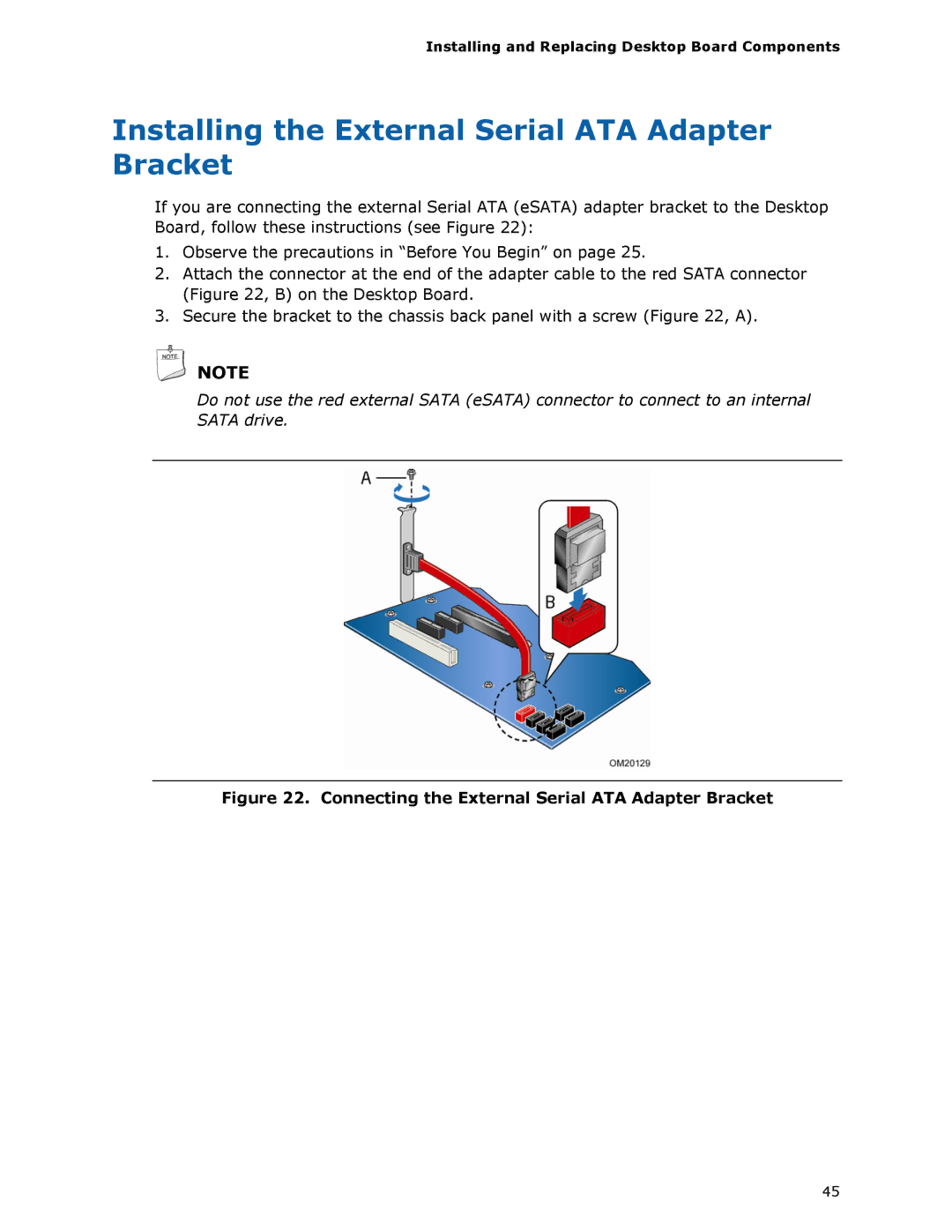 Intel DG33TL manual Installing the External Serial ATA Adapter Bracket, Connecting the External Serial ATA Adapter Bracket 