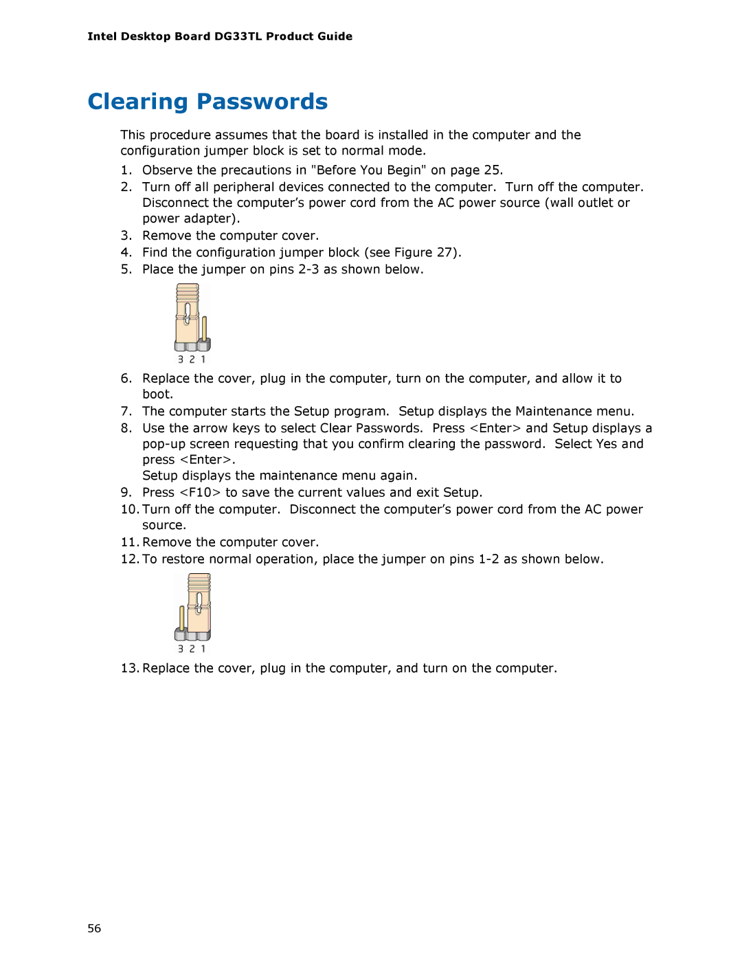 Intel DG33TL manual Clearing Passwords 