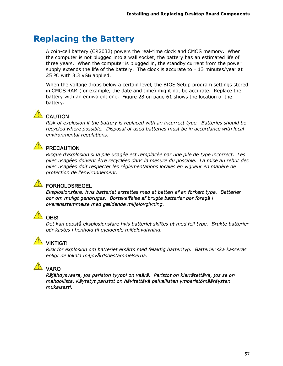 Intel DG33TL manual Replacing the Battery, Precaution 