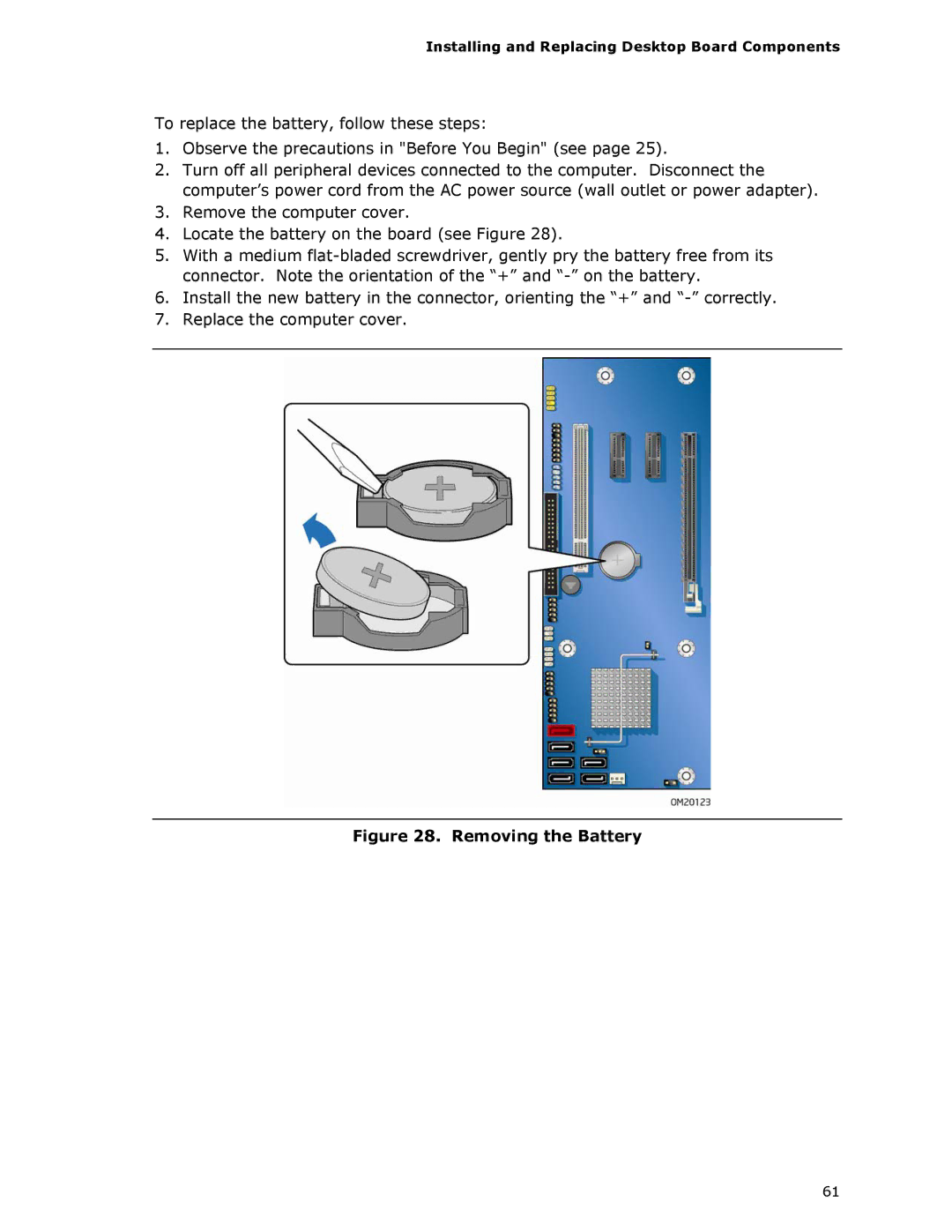 Intel DG33TL manual Removing the Battery 