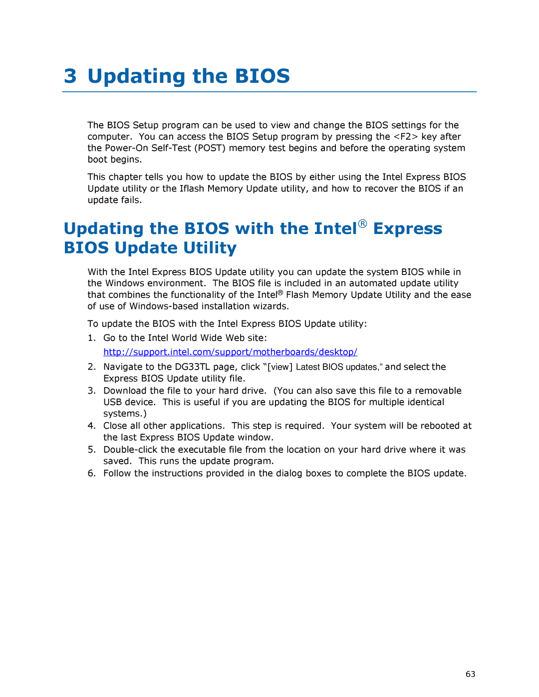 Intel DG33TL manual Updating the Bios with the Intel Express Bios Update Utility 