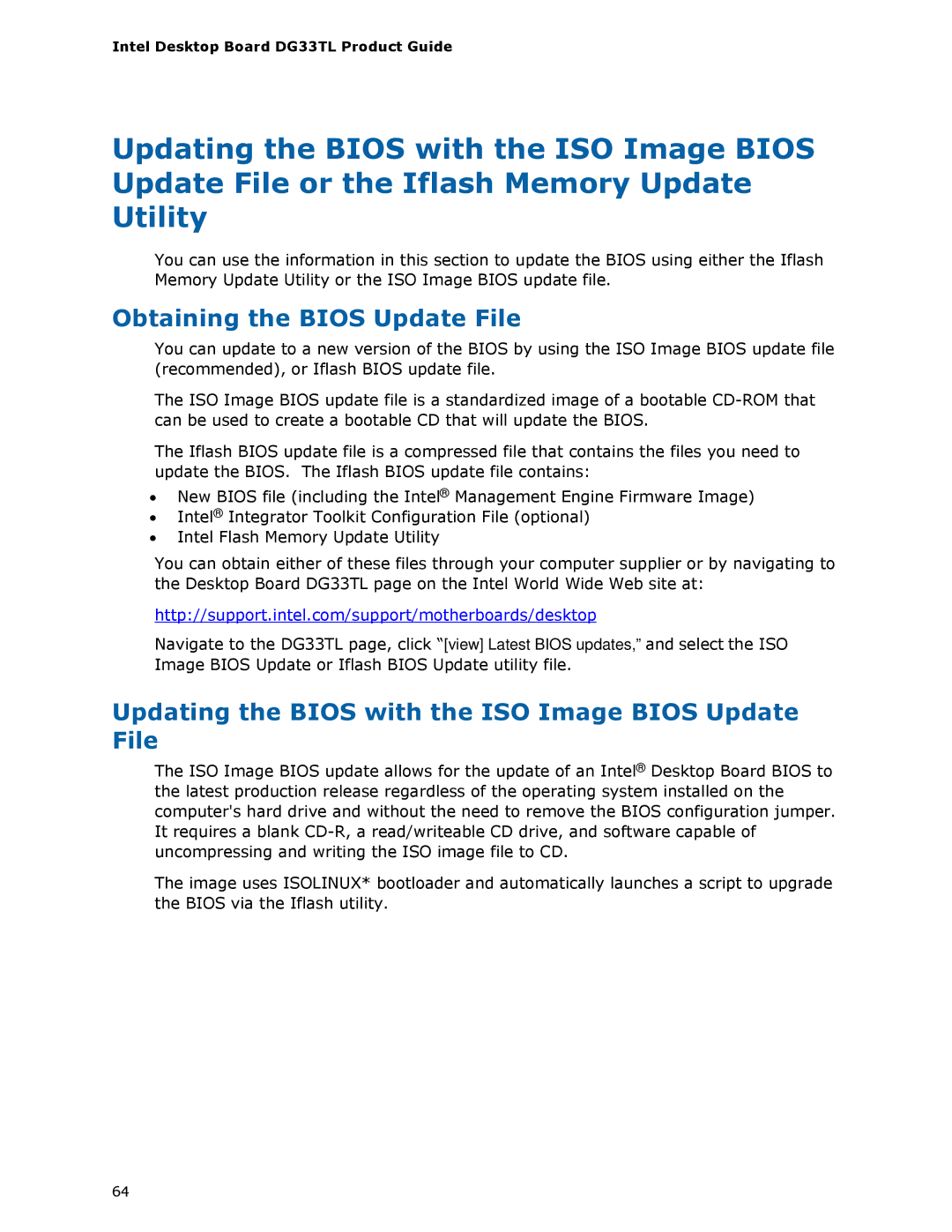 Intel DG33TL manual Obtaining the Bios Update File, Updating the Bios with the ISO Image Bios Update File 